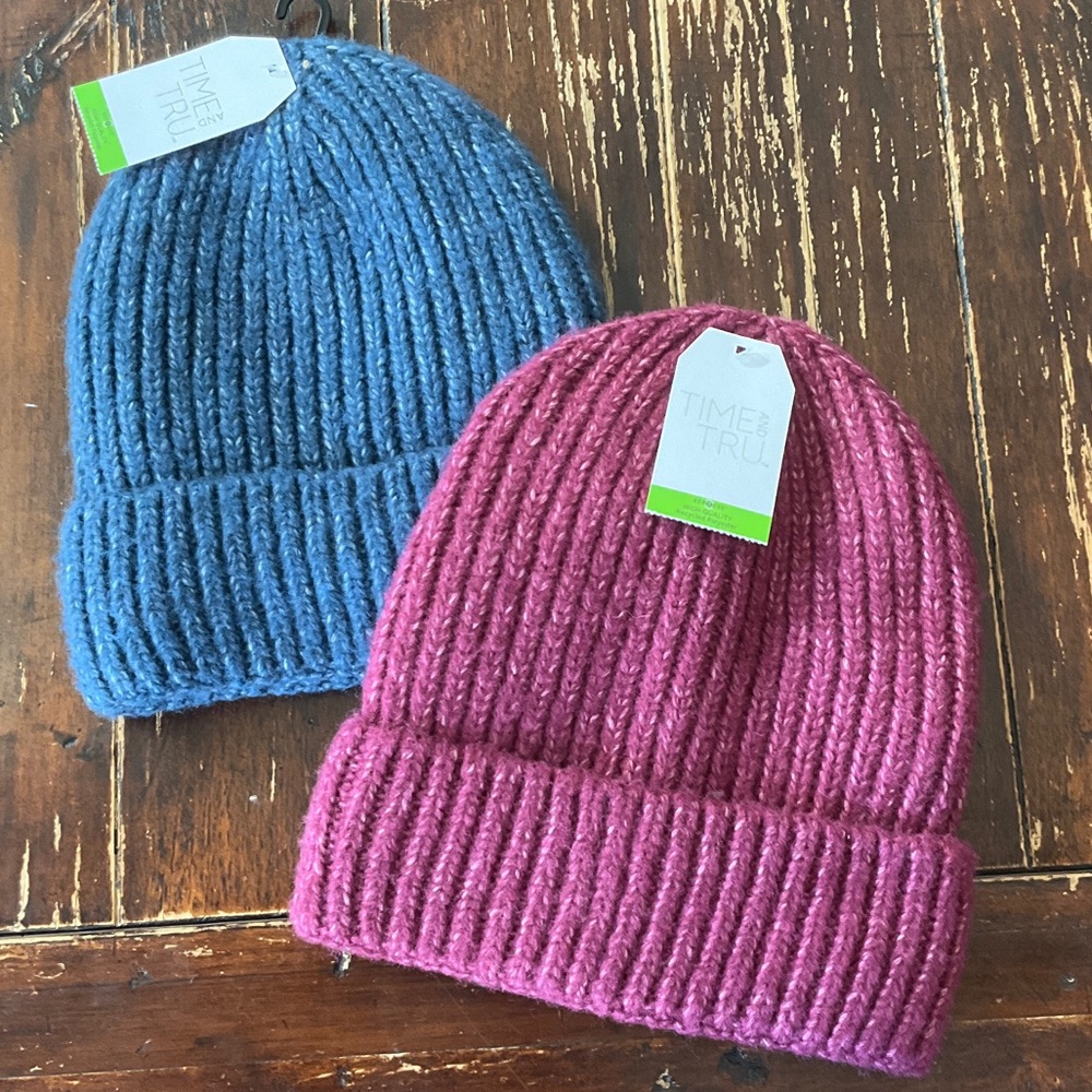 Ladies Ribbed Knit Beanie Hats- Blue & Pink